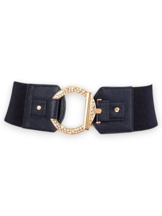 Nine West Accessories - Nine West Black Black 3” Elastic With Gold Rhinestone Round Buckle L / LX